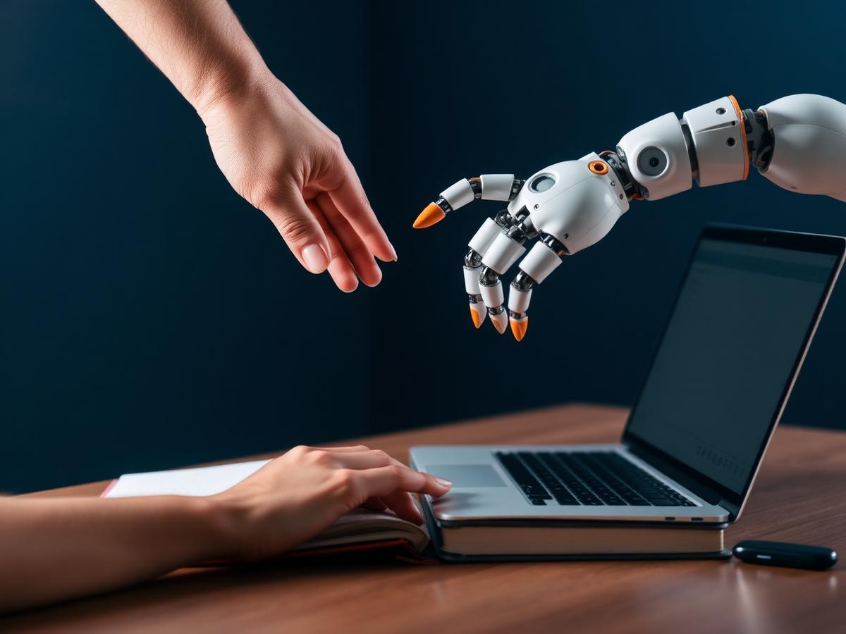 A human hand and a robotic hand reaching toward each other above a laptop and notebook